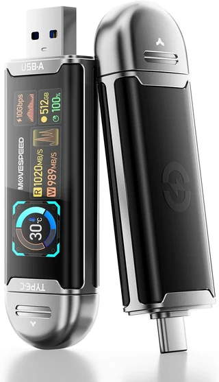 The MOVE SPEED 512 GB USB stick, with a USB-A plug on one end, a USB-C plug on the other, and a color screen on its side.