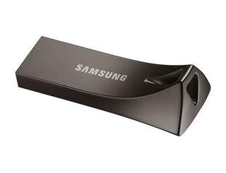 The titan gray Samsung BAR Plus USB stick, a slim metal drive with a key-ring loop at one end.