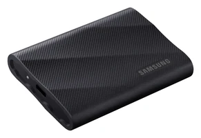 The black Samsung T9 portable SSD, with a textured shell and a USB-C port on one end.