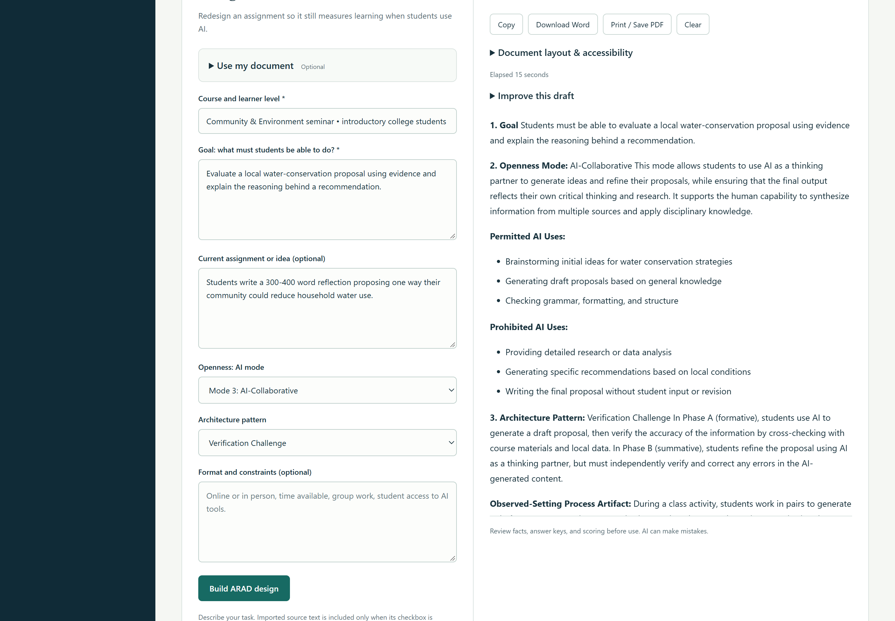The Design with ARAD 2.0 form beside a generated design that begins with Goal, Openness, and Architecture sections.