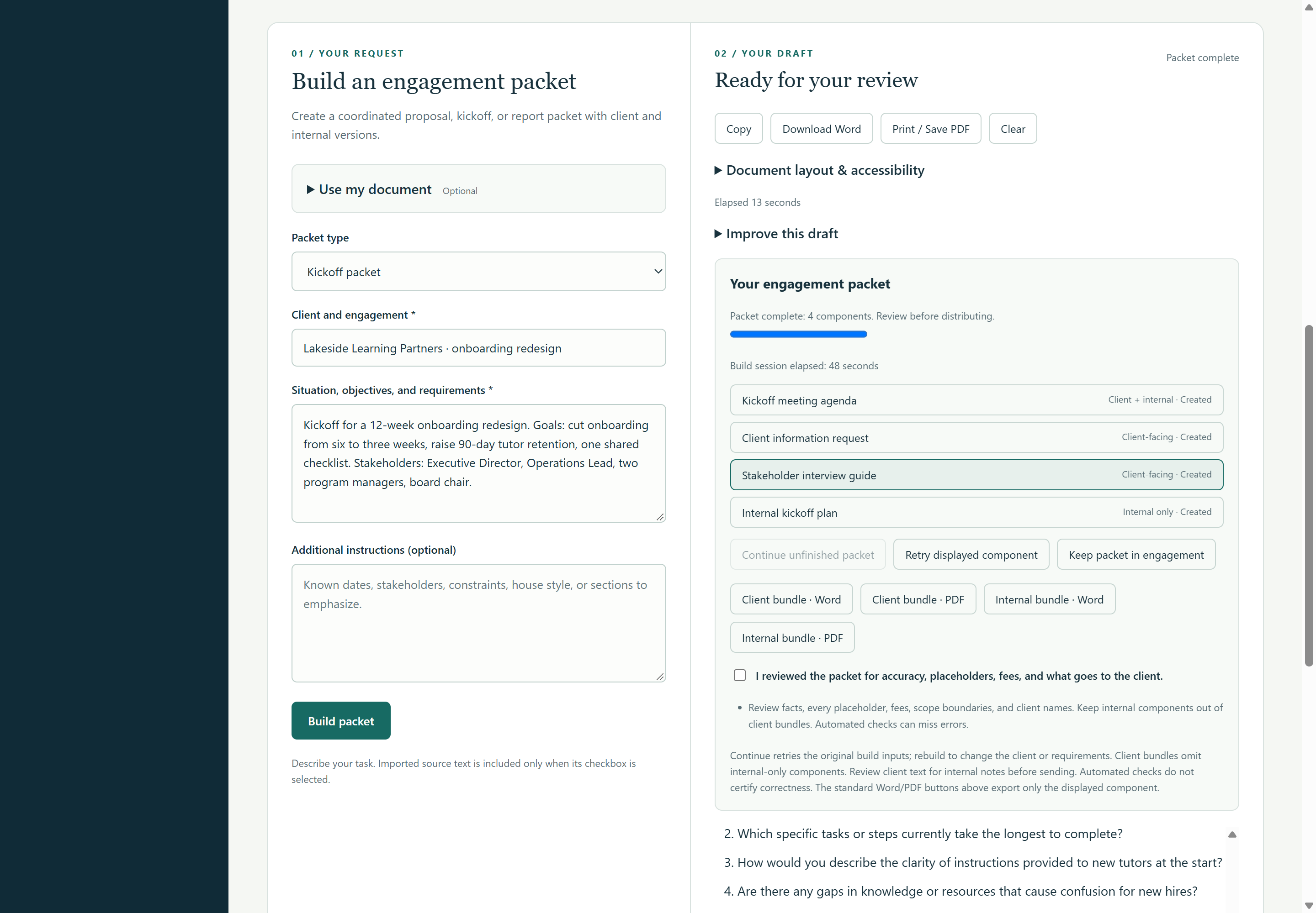 A completed kickoff packet with four components labeled client-facing, shared, or internal only.