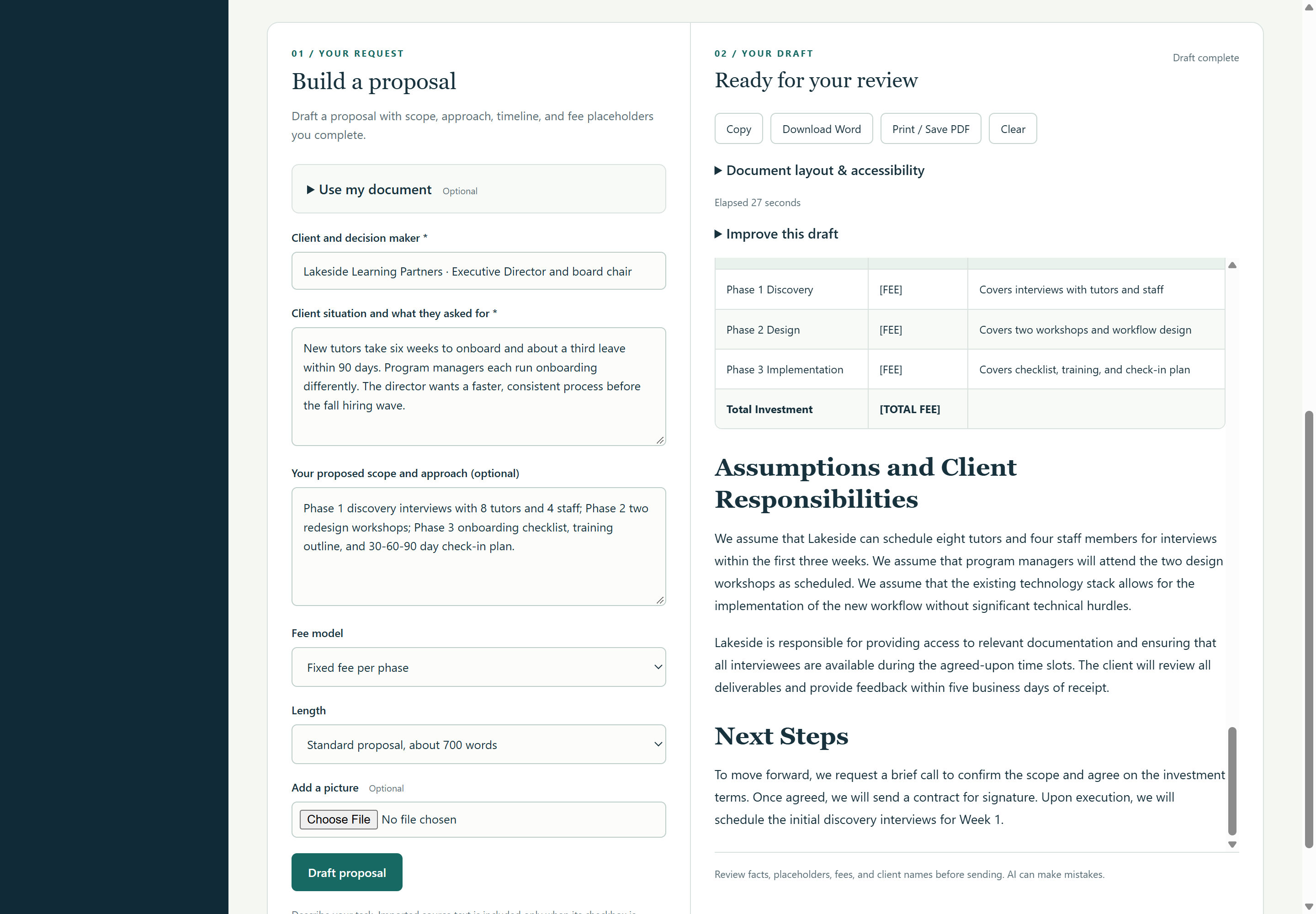 The Build a proposal form beside a generated proposal whose fee table uses [FEE] placeholders.