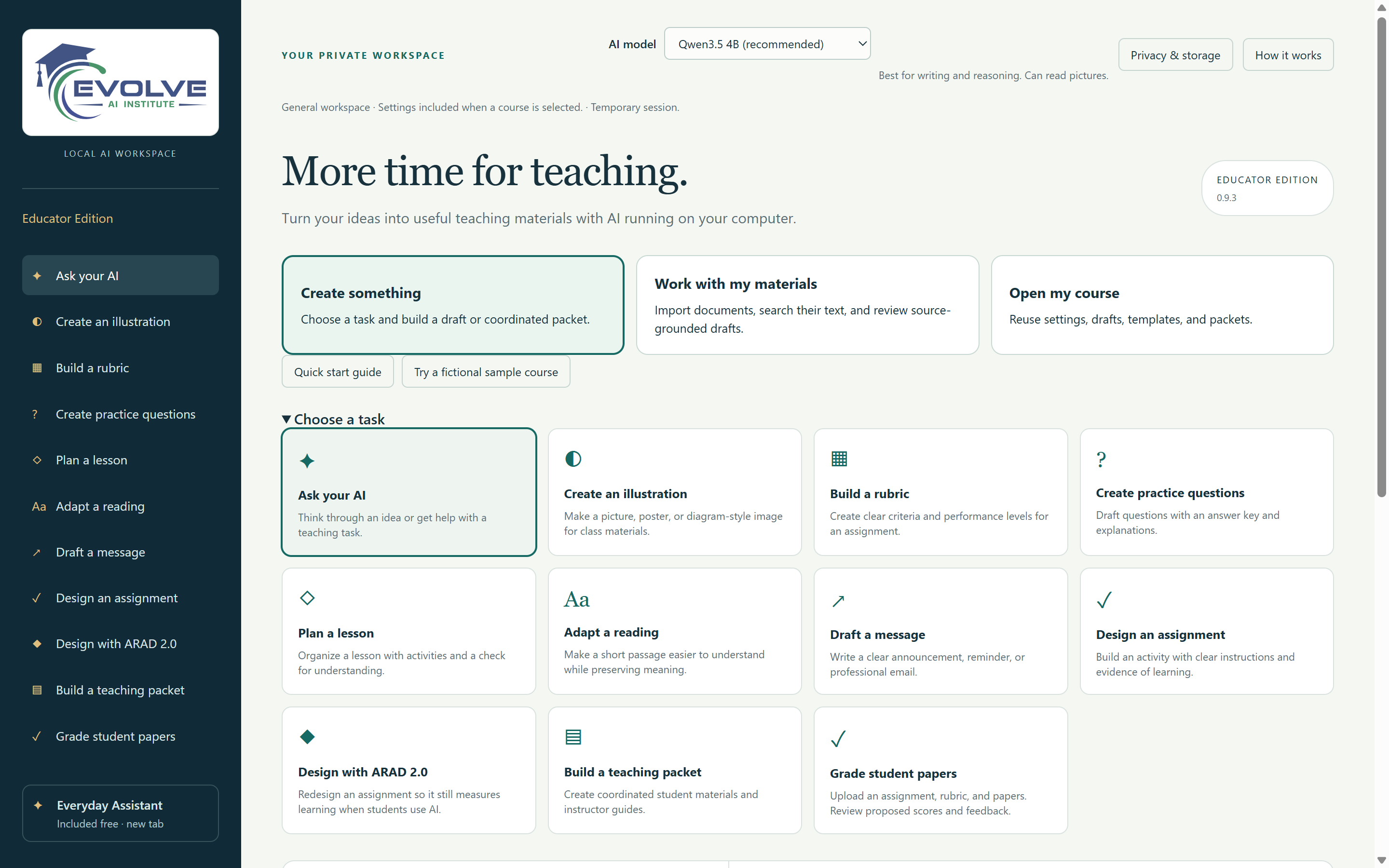 The Educator Edition dashboard open in a web browser, showing the task list and three starting paths.