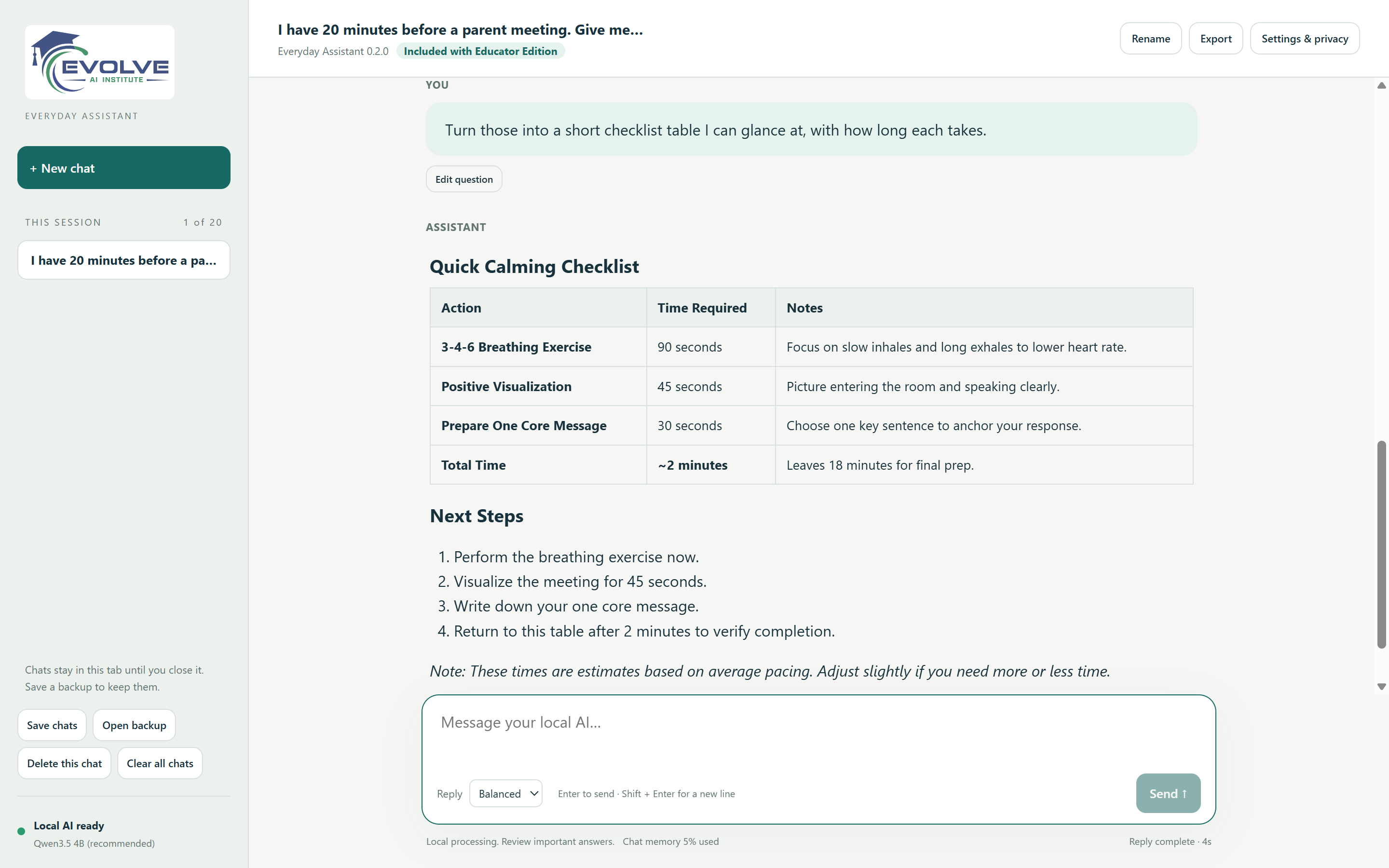 Everyday Assistant open in a browser tab, with a two-message conversation and a formatted reply.