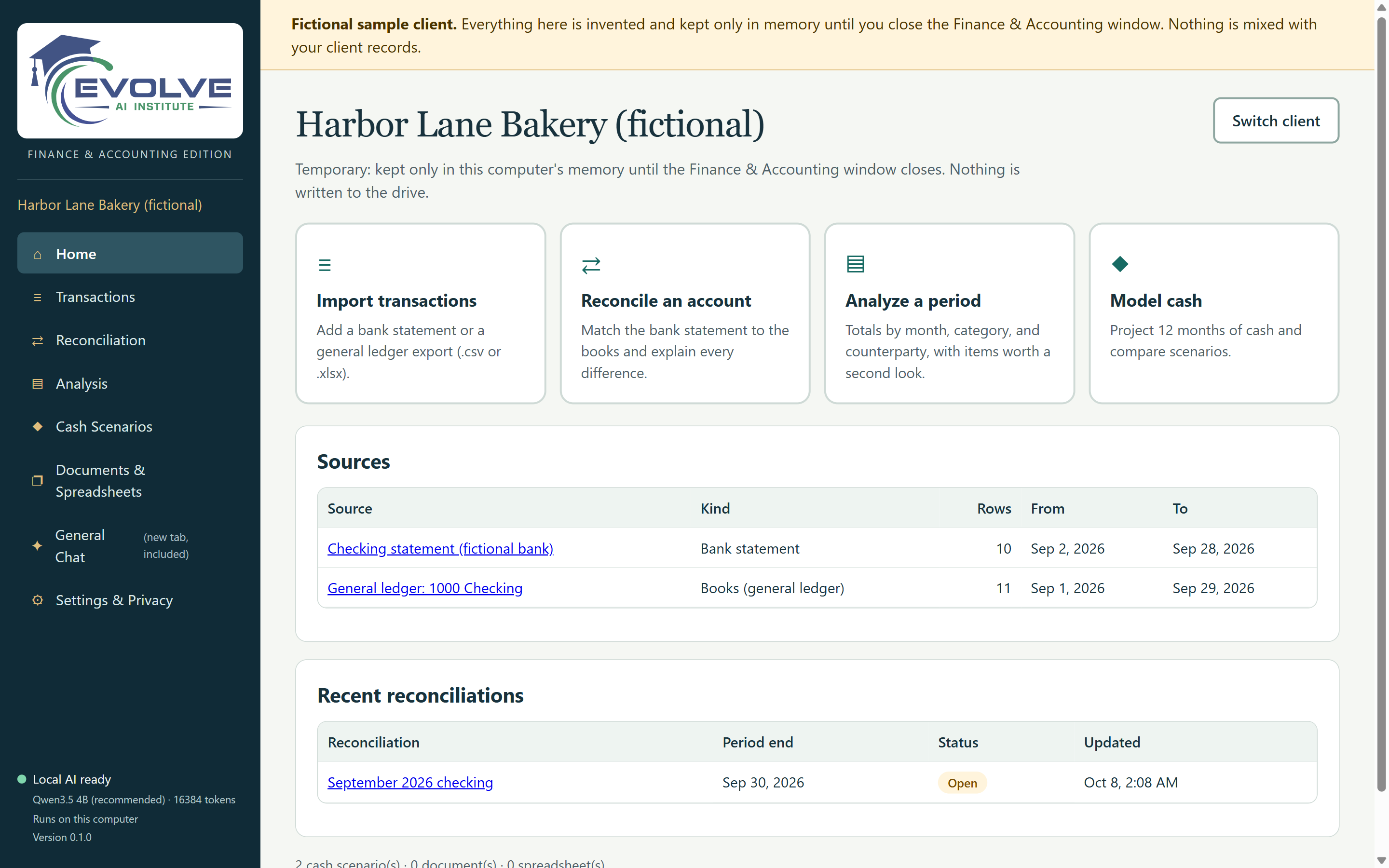 The Finance & Accounting Edition home page for a fictional bakery client, with four task cards, two imported sources, and an open reconciliation.