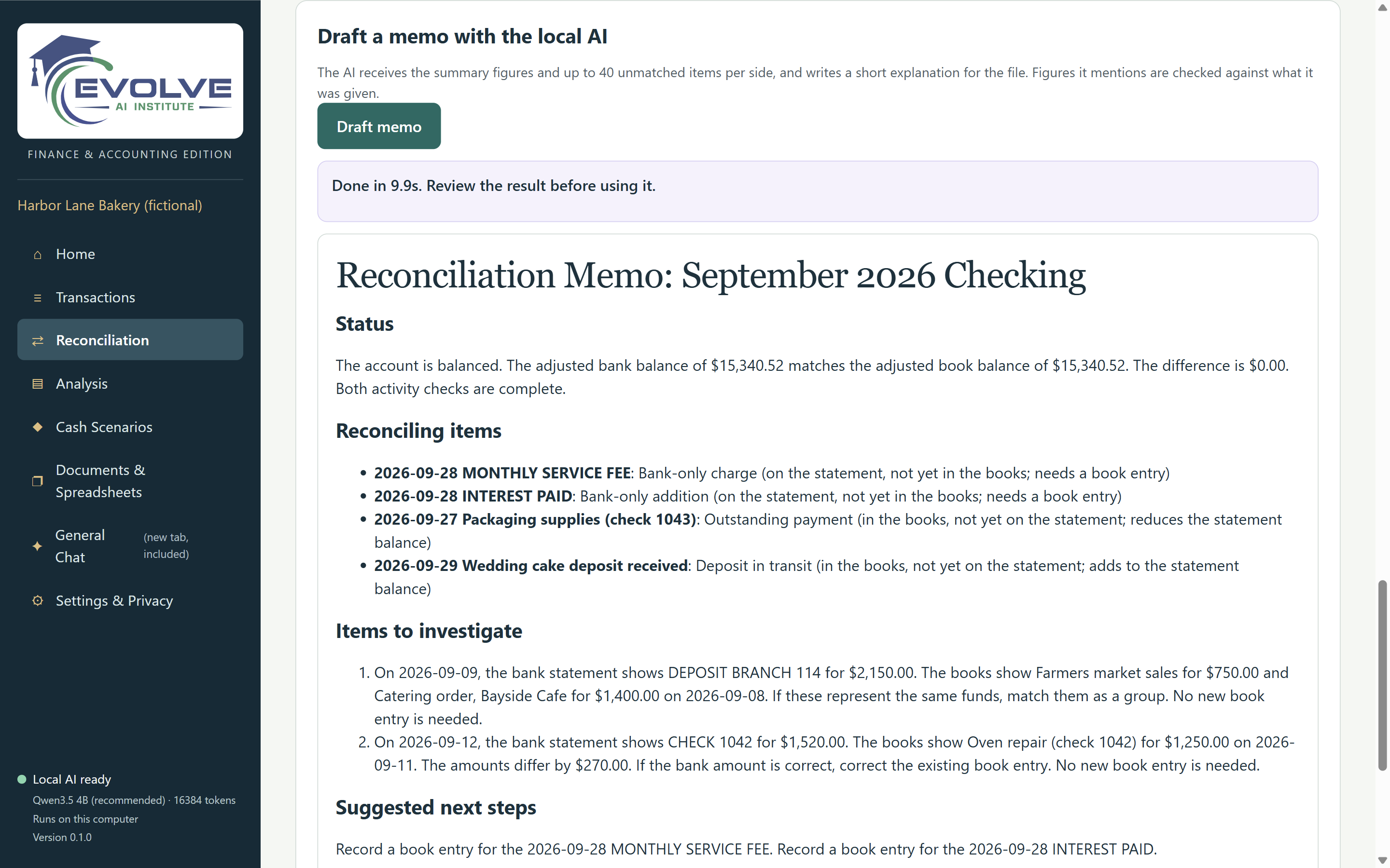 A reconciliation memo drafted by the local AI: four reconciling items, two findings that need no new book entry, and two items to record in the books.