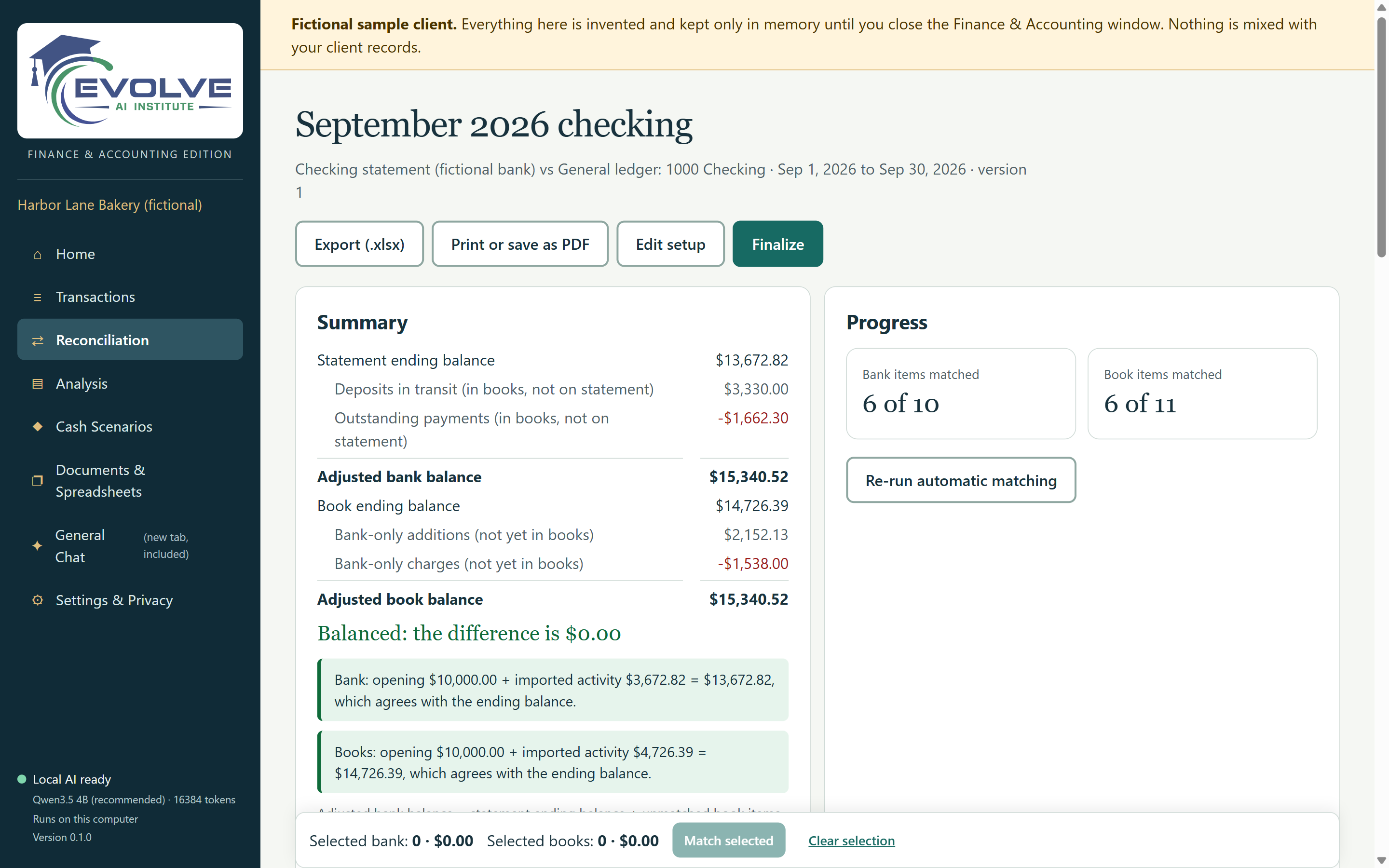A reconciliation summary with adjusted bank and book balances of $15,340.52, a difference of $0.00, and activity checks for both imports.