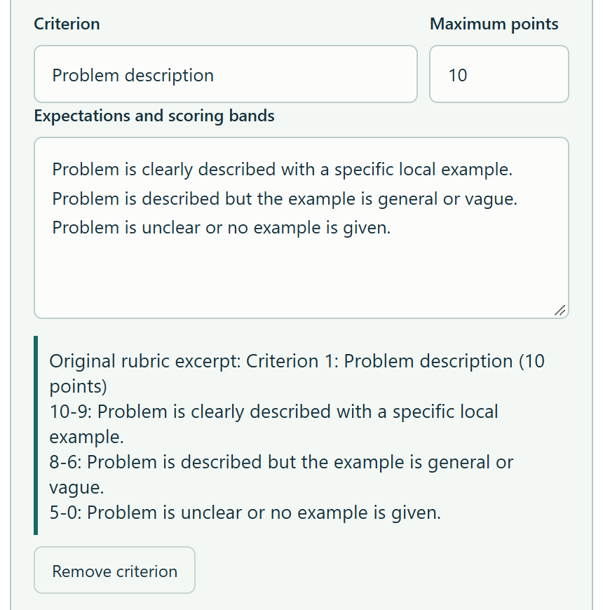 A rubric criterion prepared for grading, with its point maximum, scoring bands, and the original rubric excerpt.