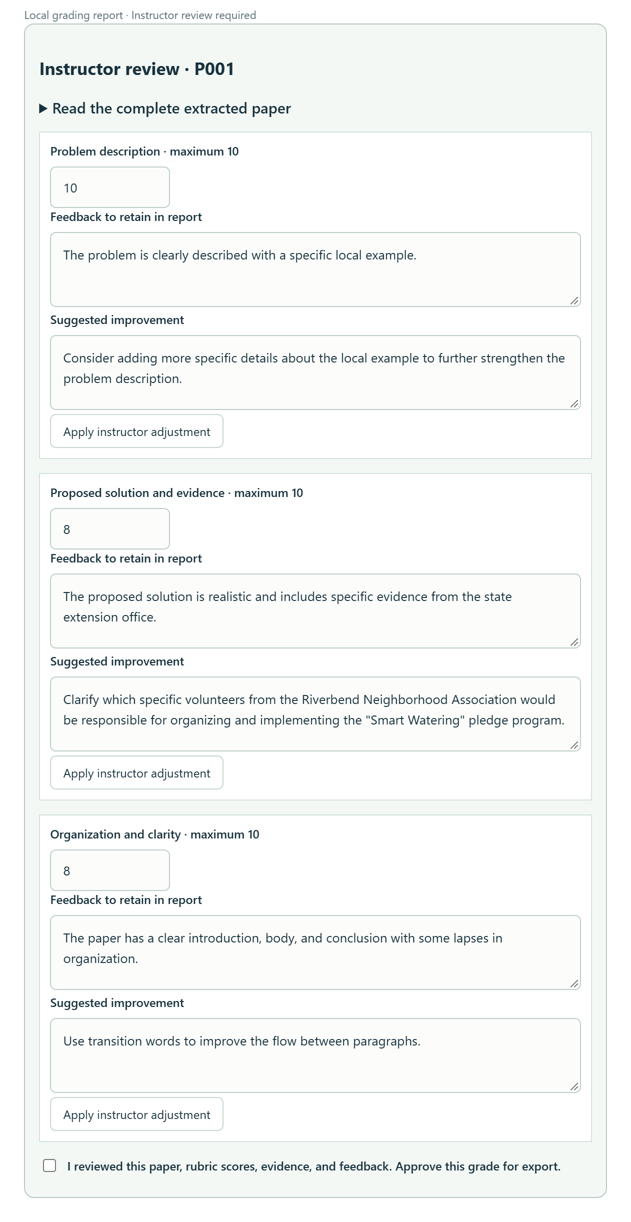 Instructor review form for paper P001 with editable scores, feedback, and an approval checkbox.