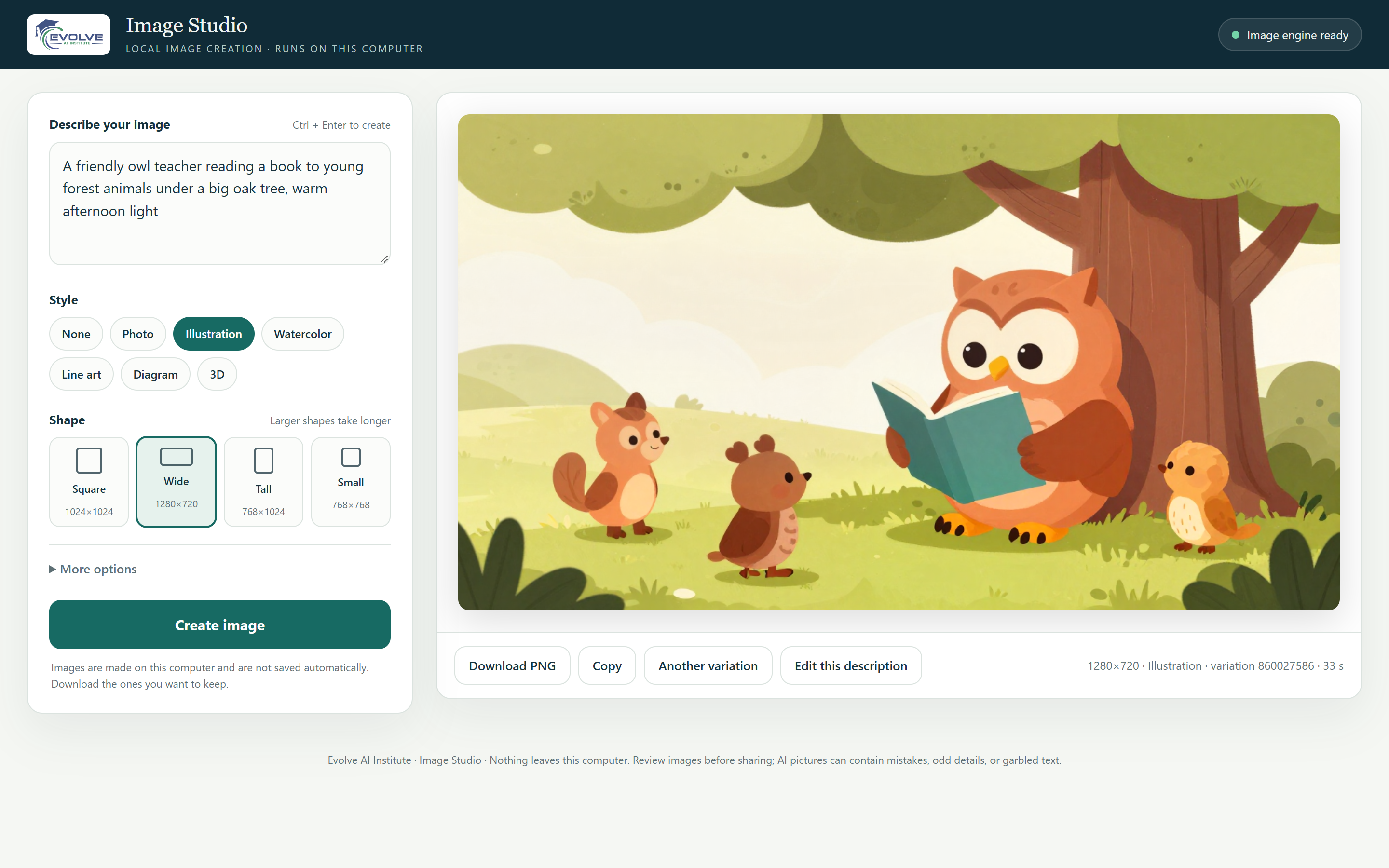 Image Studio with a picture description, style and shape choices, and a finished illustration.