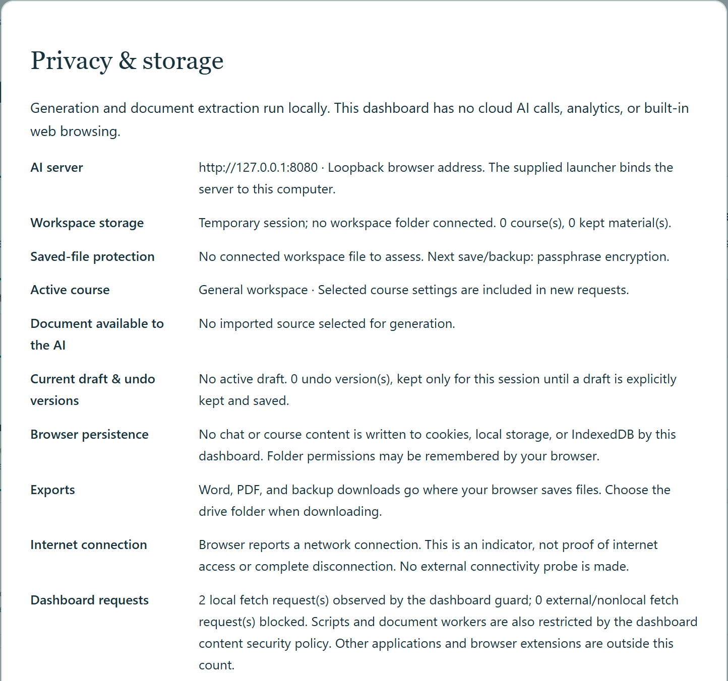 The dashboard’s Privacy and storage panel. The AI server row reads http://127.0.0.1:8080, a loopback address on this computer. The Dashboard requests row reads: 2 local requests observed, 0 external or nonlocal requests blocked.