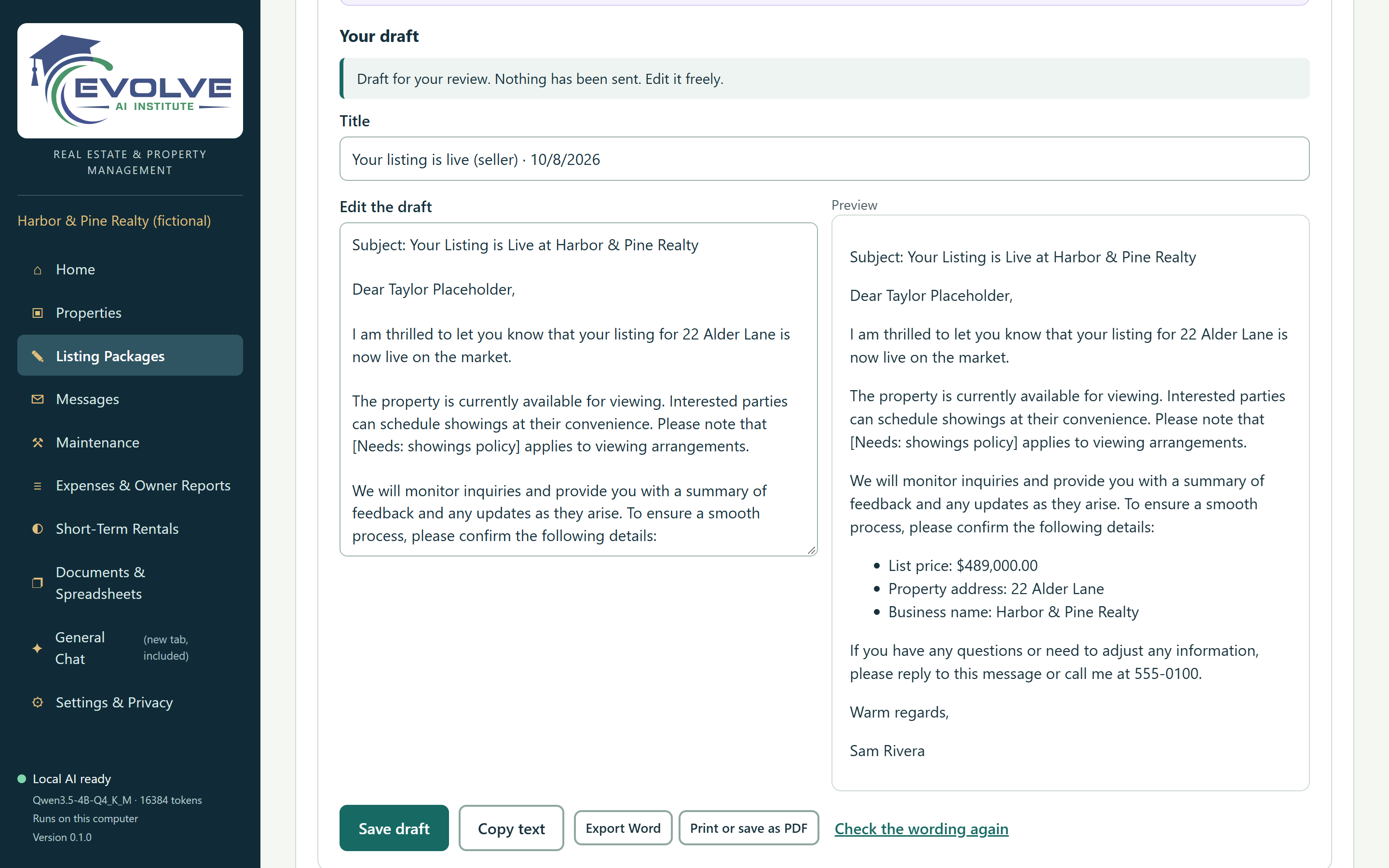 A “Your listing is live” email to a fictional seller, drafted from the property’s facts, shown in an editor beside a formatted preview.