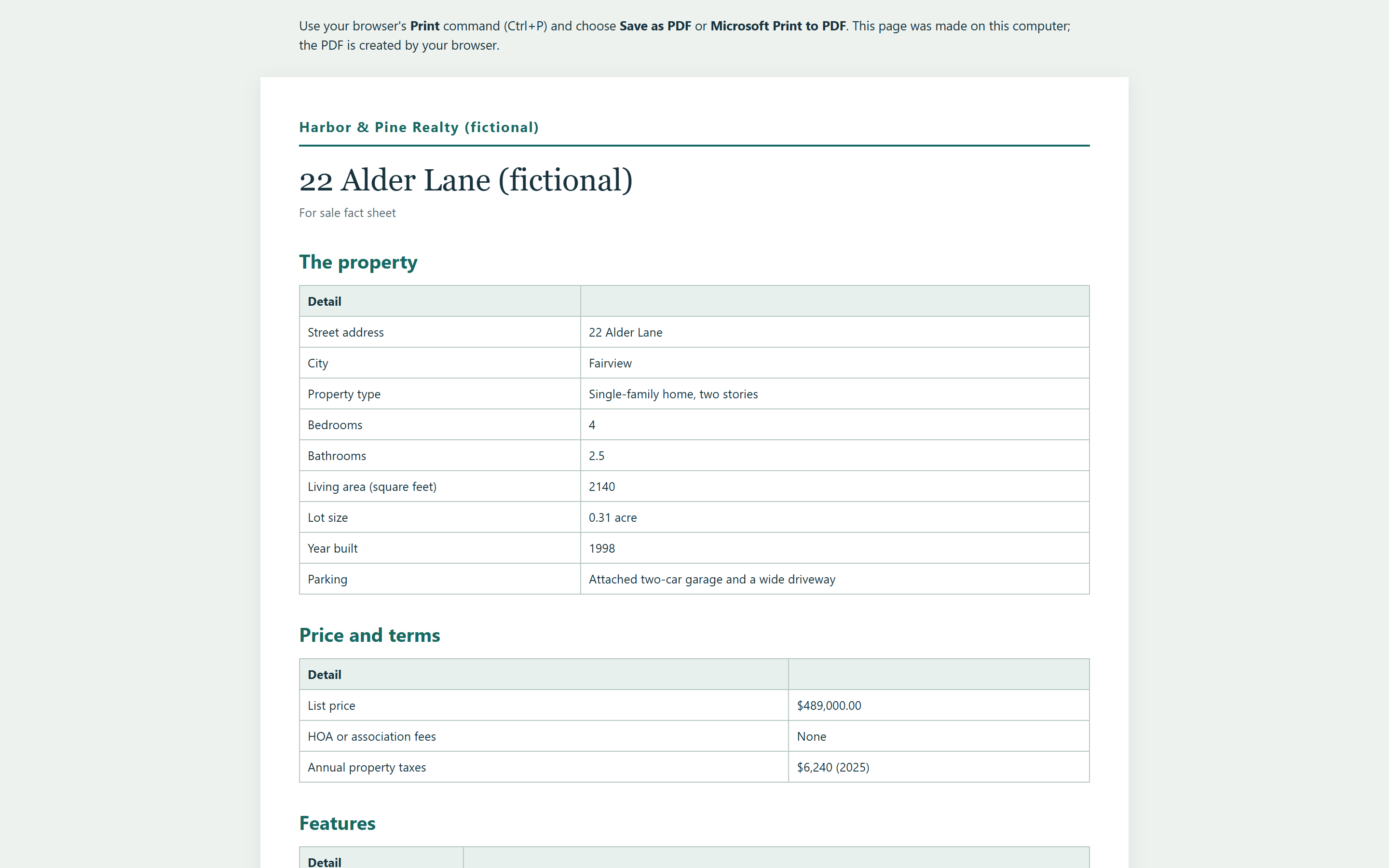 A printable fact sheet for a fictional home, with tables for the property and for price and terms.