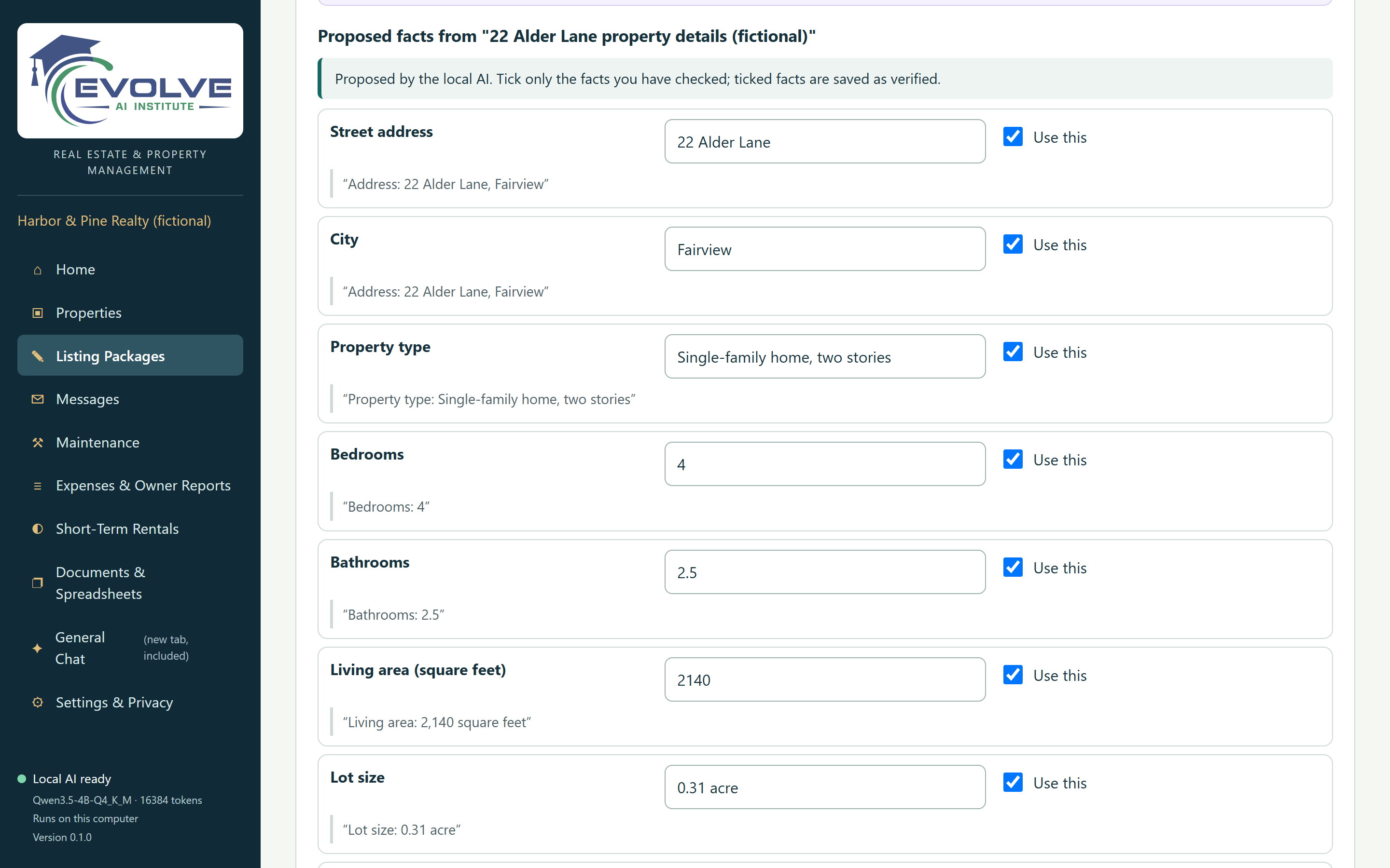 Facts proposed from a property details document, each with the exact quoted words beneath it and a “Use this” checkbox.