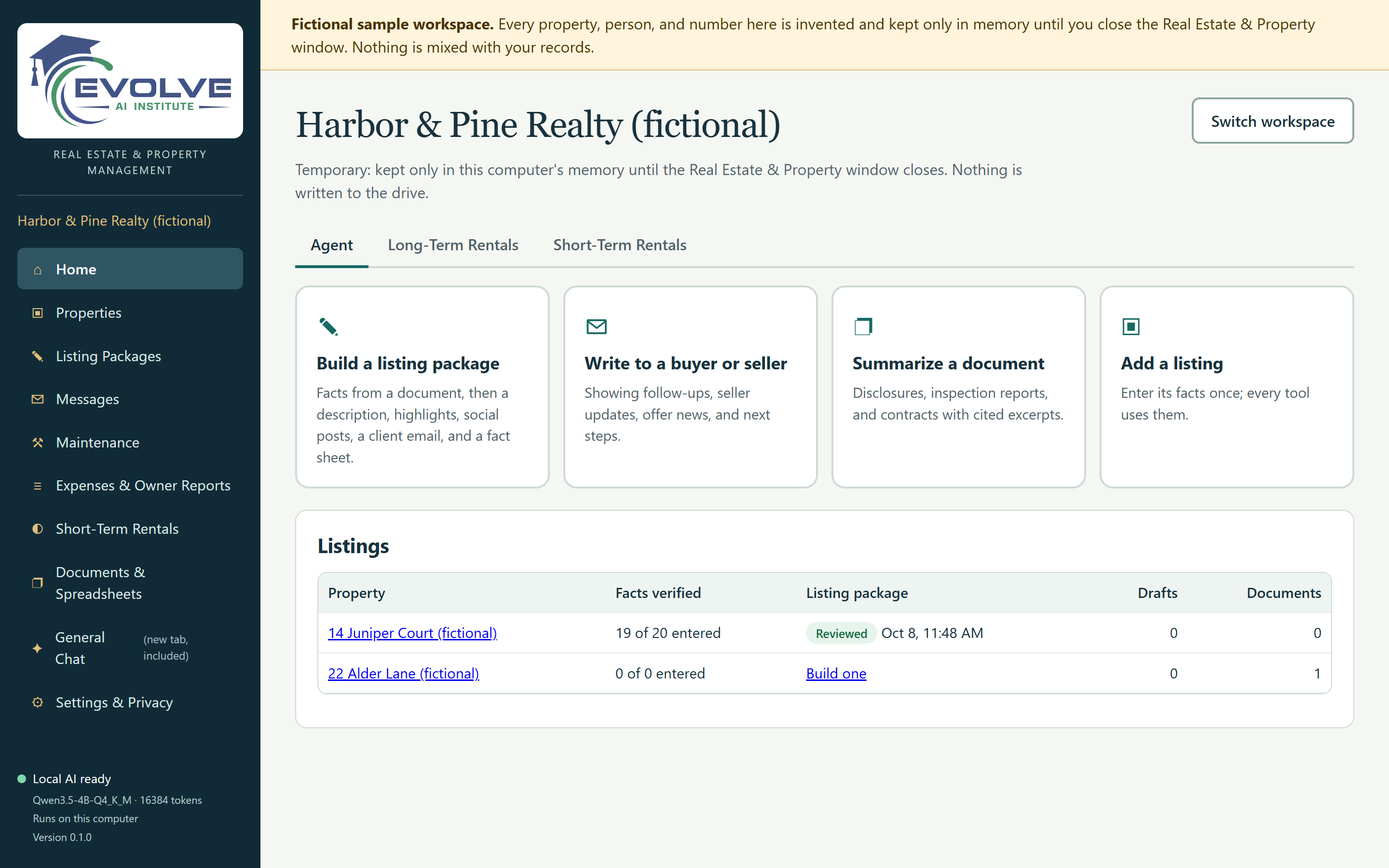 The Real Estate & Property Management Edition home page for a fictional brokerage, on the Agent dashboard, with four task cards and a table of two listings.