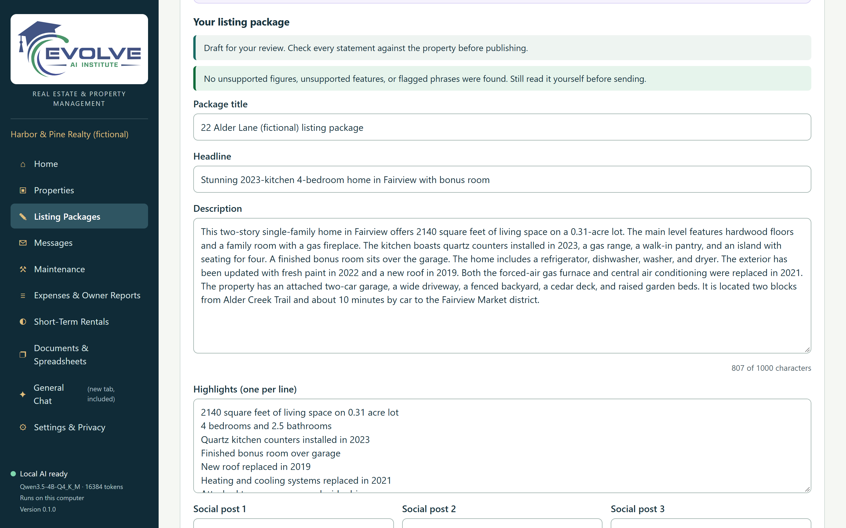 A listing package written by the local AI: a headline, a 807-character description, and highlights, with a green note that no unsupported figures, features, or flagged phrases were found.