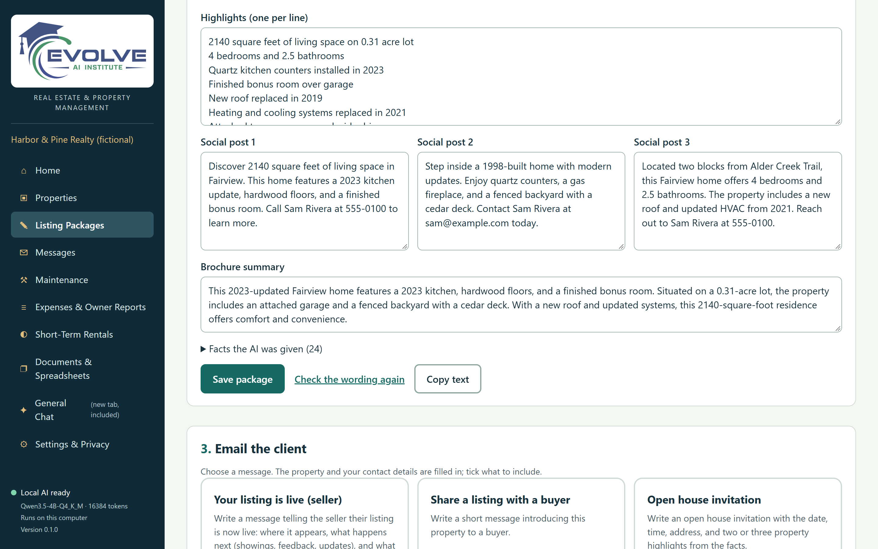Three social media post options and a brochure summary from the same listing package, with Save package and Check the wording again buttons.