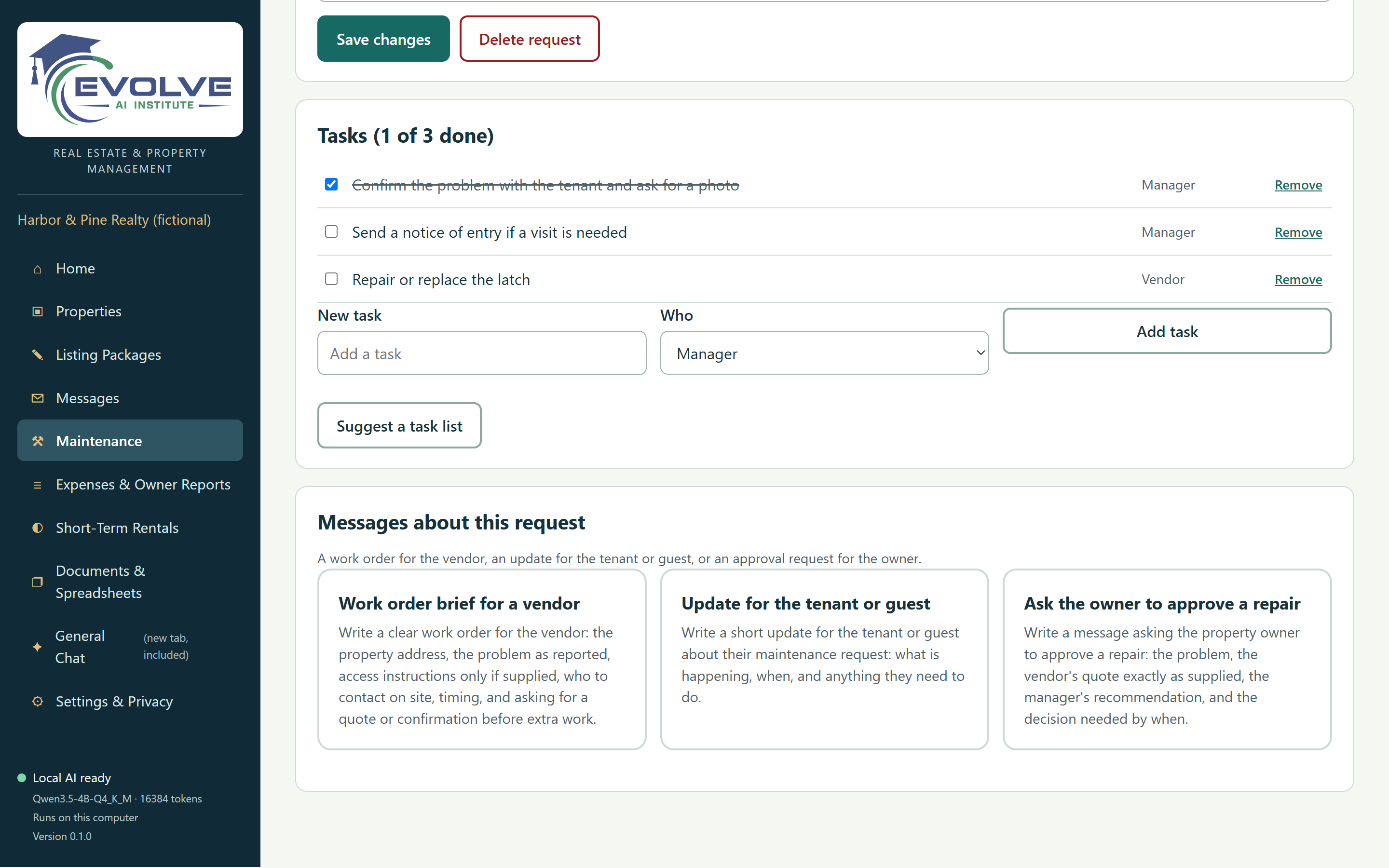 A maintenance request’s task list with one task done, and three message options: a vendor work order, a tenant update, and an owner approval request.