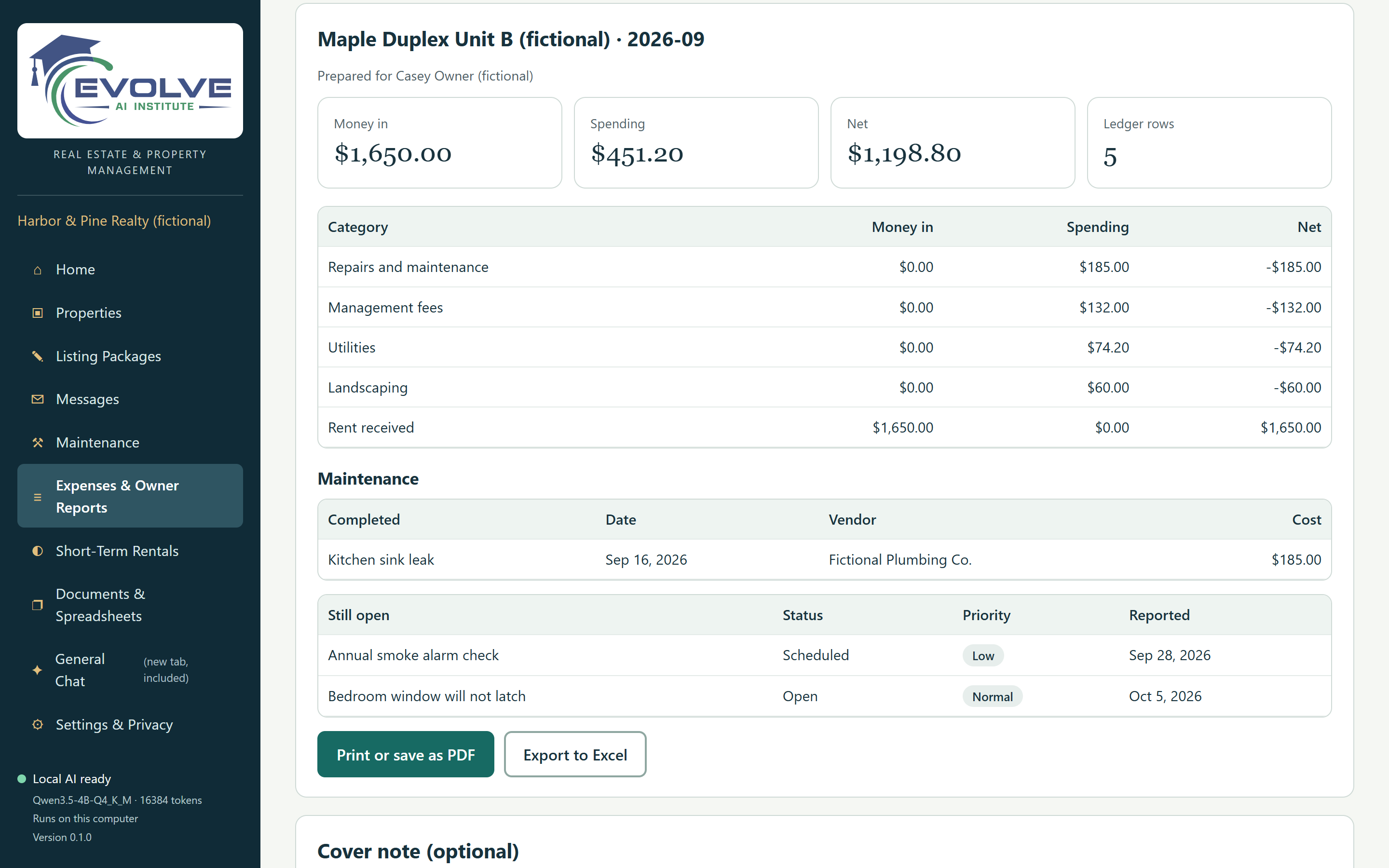 An owner report for a fictional duplex unit for September 2026: money in $1,650.00, spending $451.20, net $1,198.80, with spending by category and maintenance completed and still open.