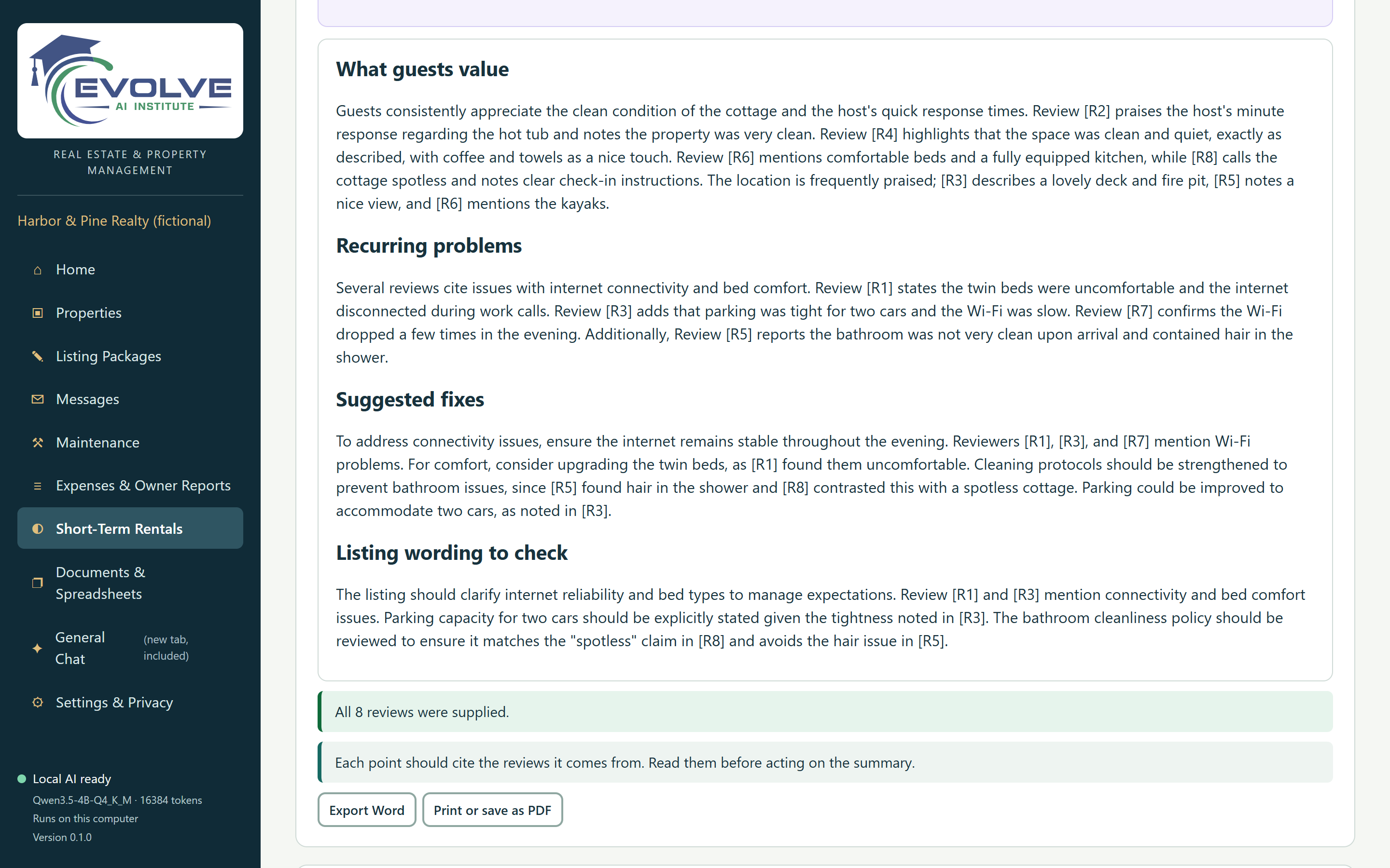 A summary of eight guest reviews by the local AI, under the headings What guests value, Recurring problems, Suggested fixes, and Listing wording to check, citing reviews by number.
