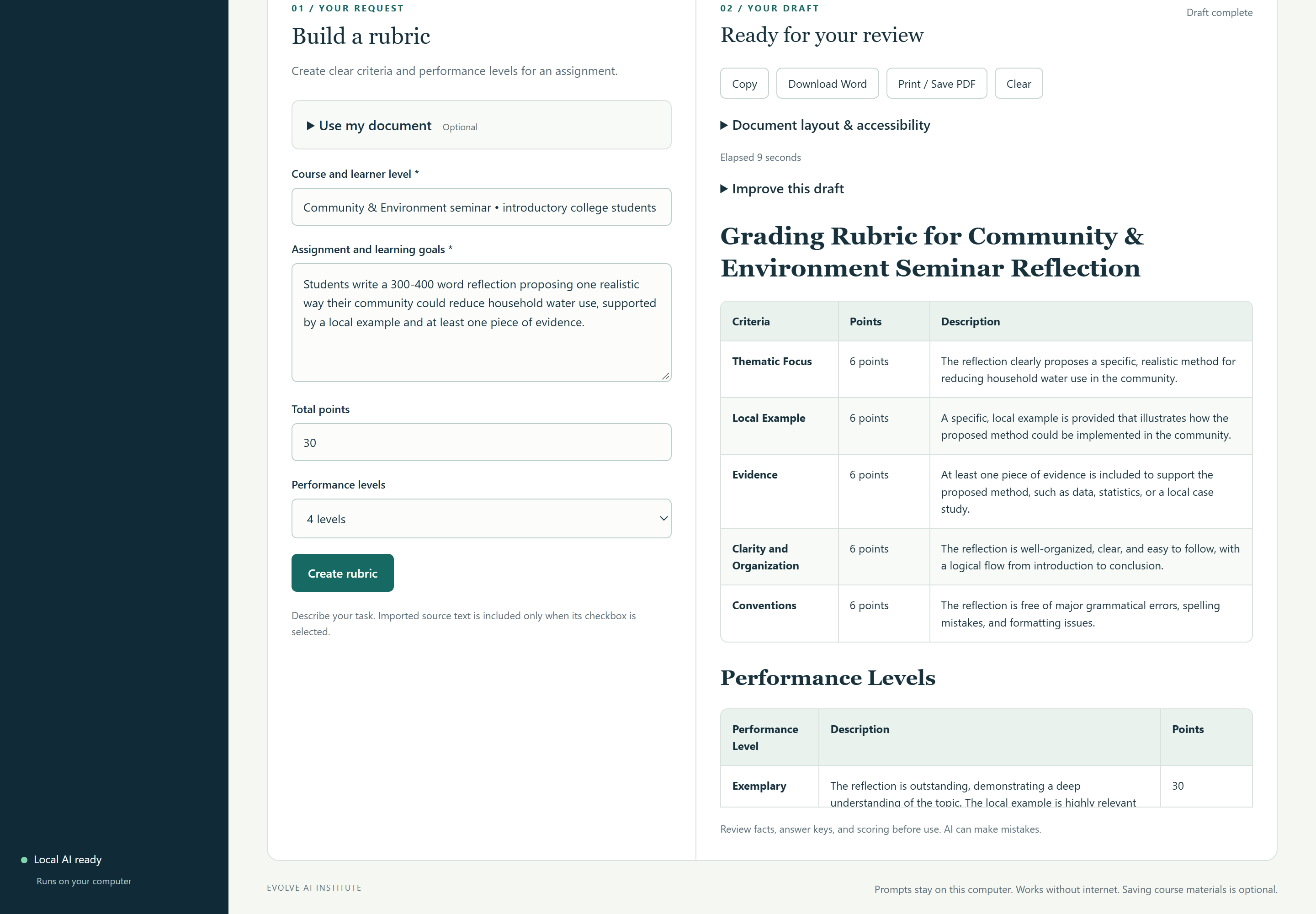 The Build a rubric request form beside a generated rubric draft with a criteria table.