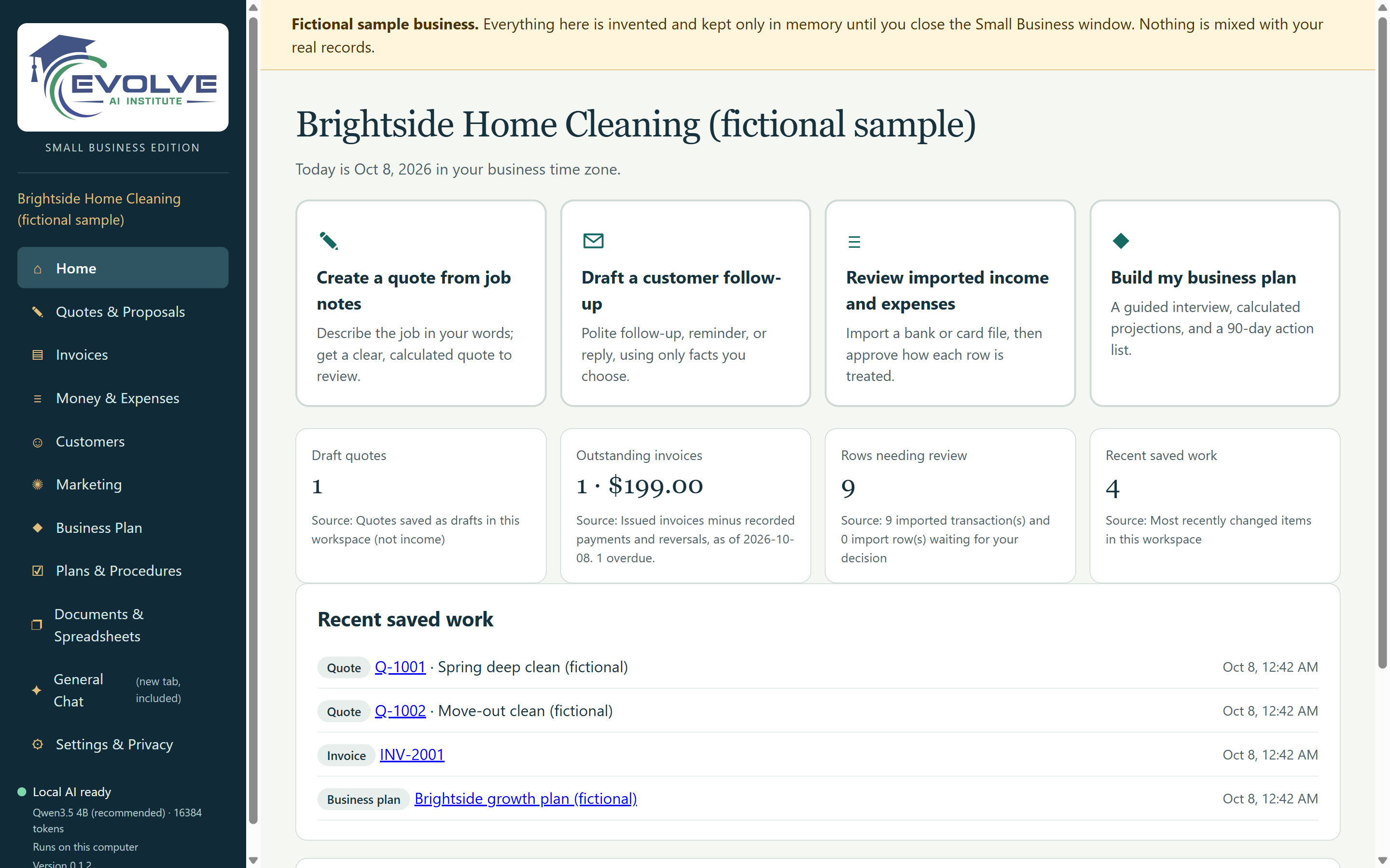 The Small Business Edition home page for a fictional cleaning business, with four task buttons and record counts that name their sources.