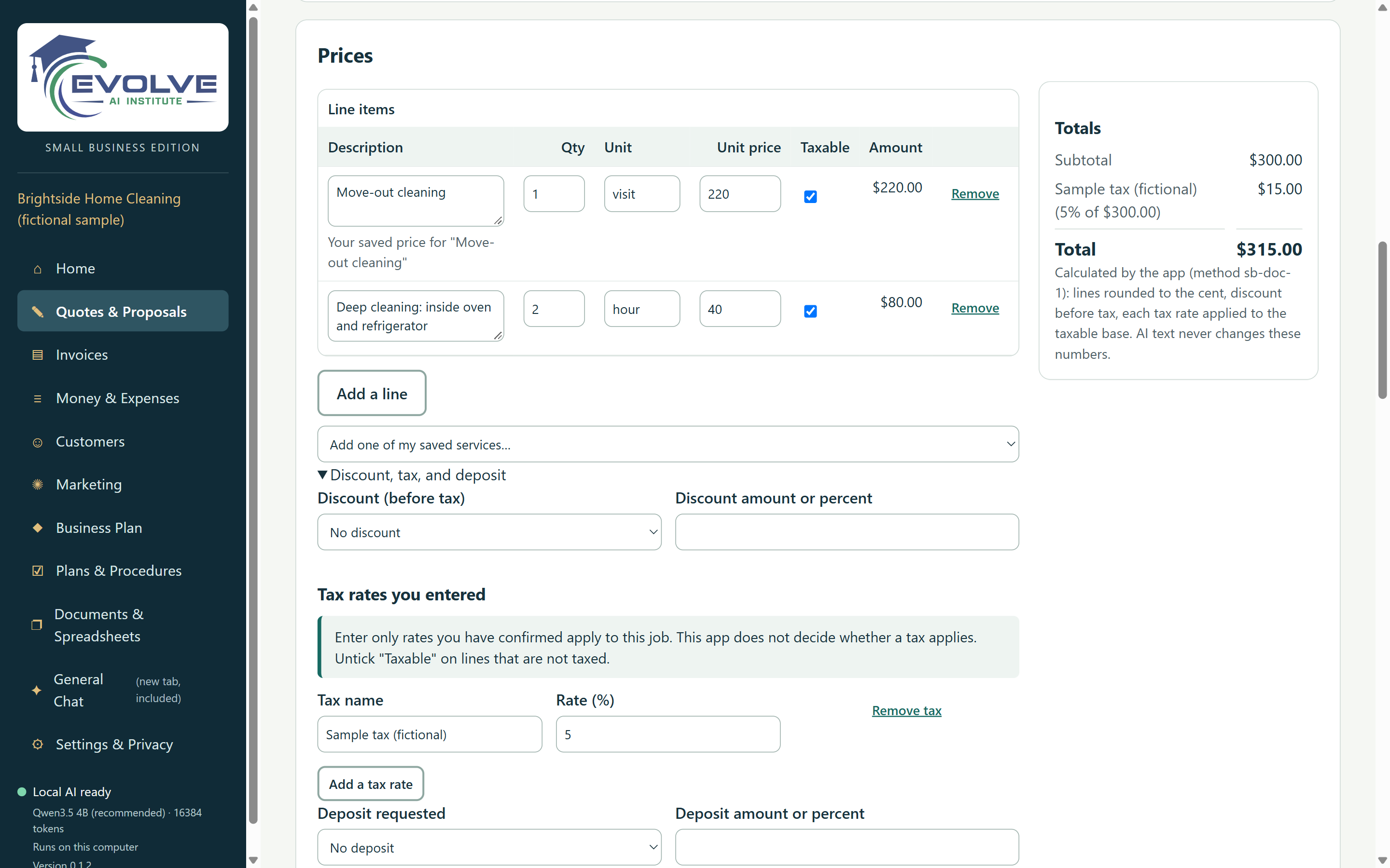 Quote line items with quantities and saved prices beside a totals panel calculated by the app.