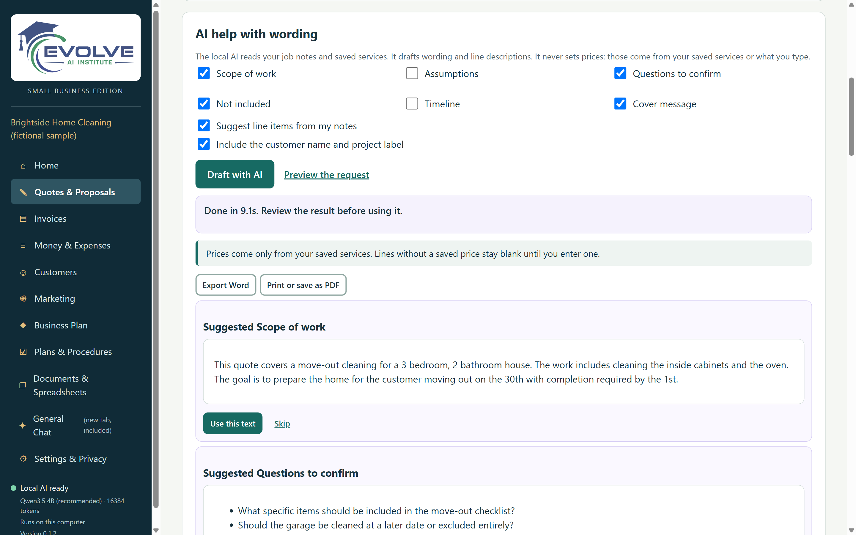 AI help on a quote: section checkboxes, a note that prices come only from saved services, and a suggested scope of work.