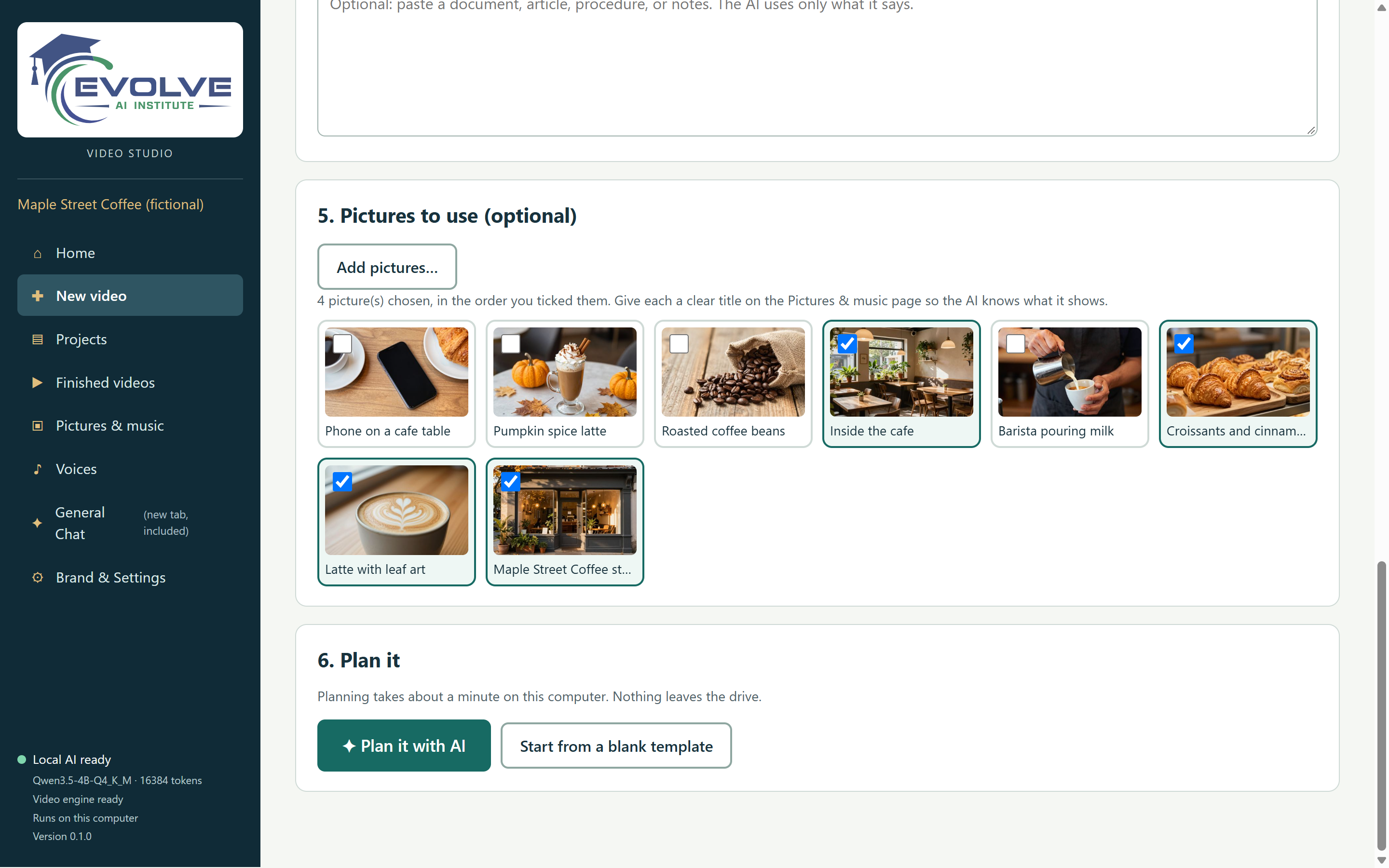 Choosing pictures for a new video: a grid of eight sample photos with four ticked, above the Plan it with AI button.