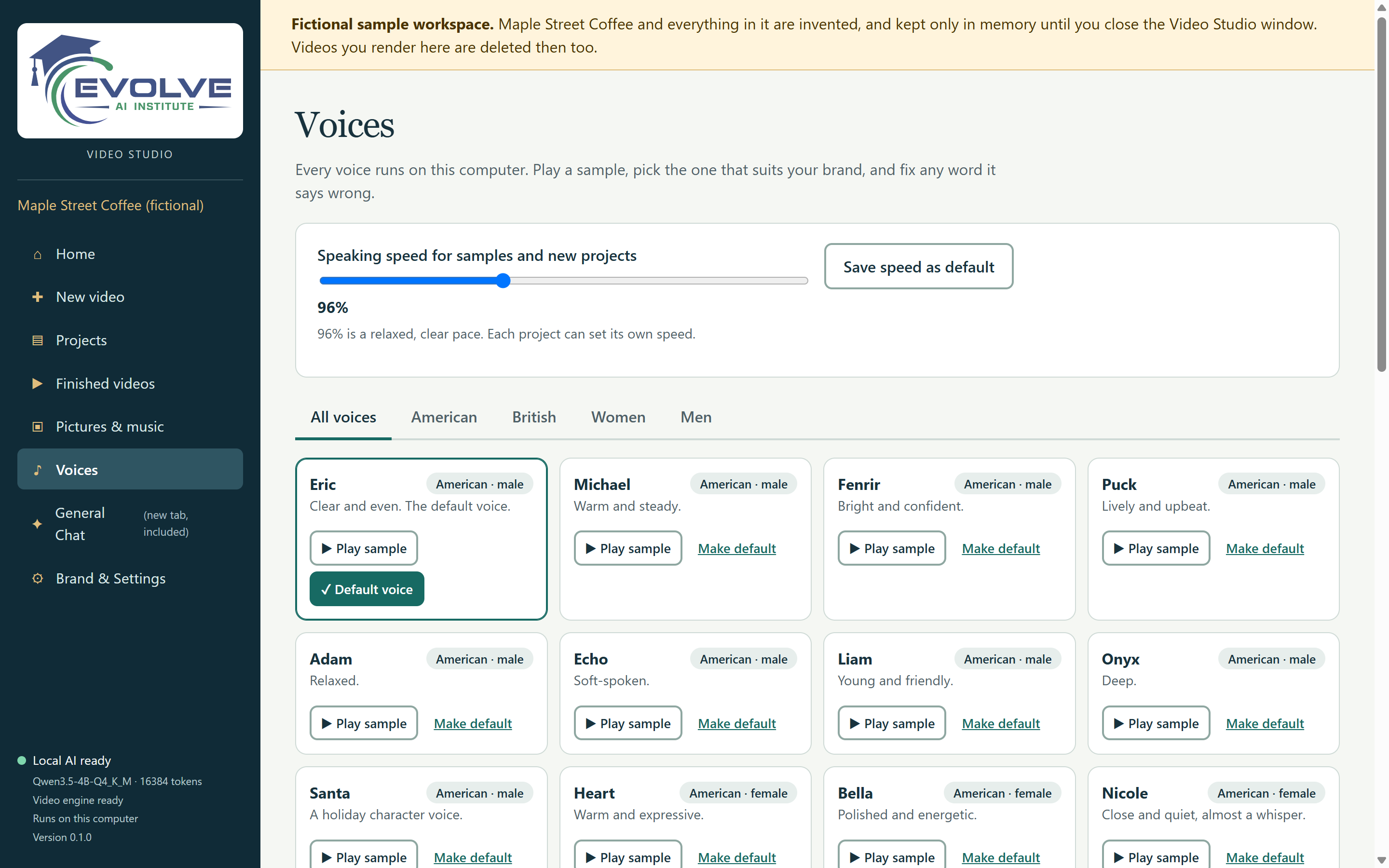 The Voices page: a speaking speed slider at 96 percent and cards for each voice with Play sample and Make default buttons; Eric is the default.