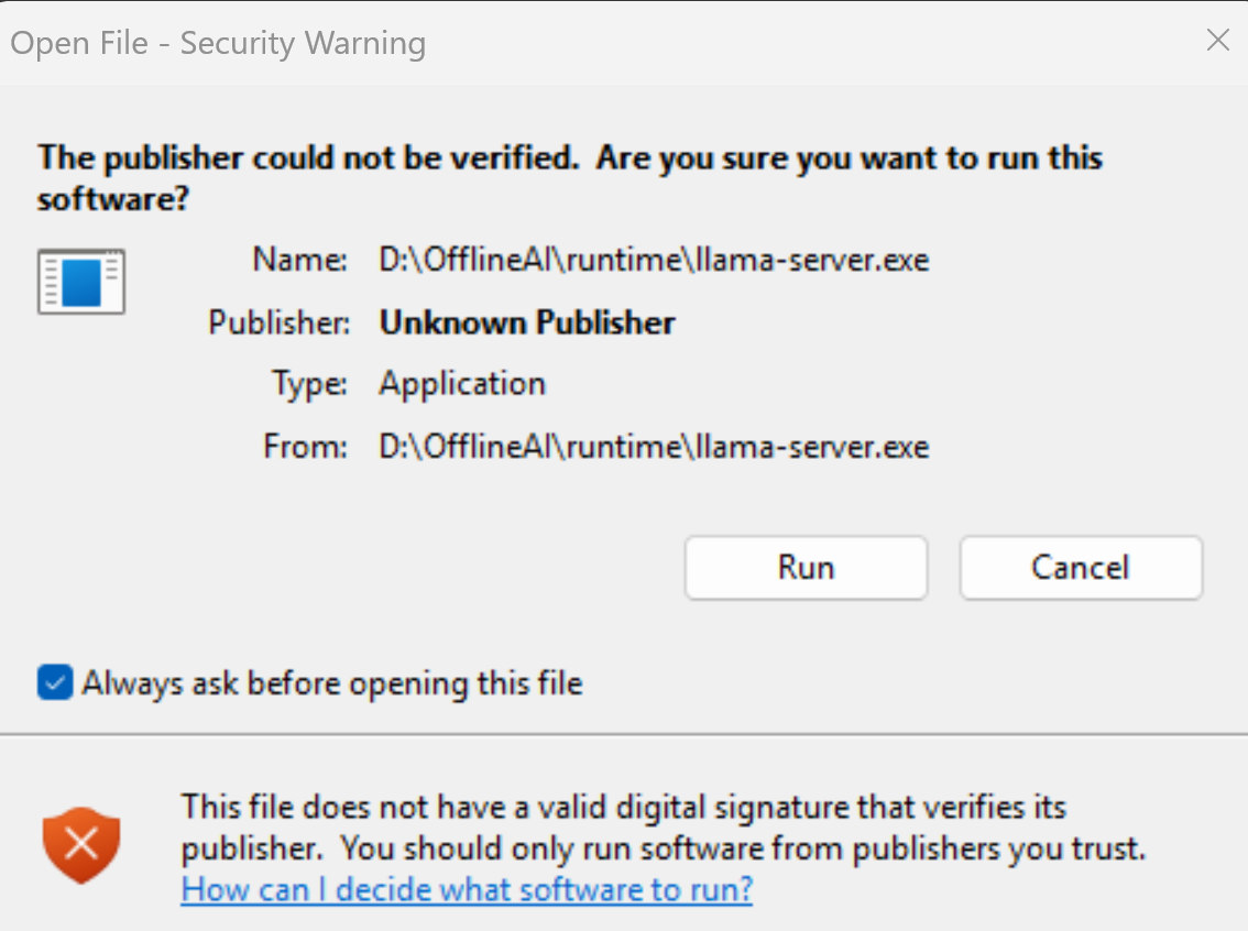 Windows Open File Security Warning dialog for llama-server.exe with Run and Cancel buttons.