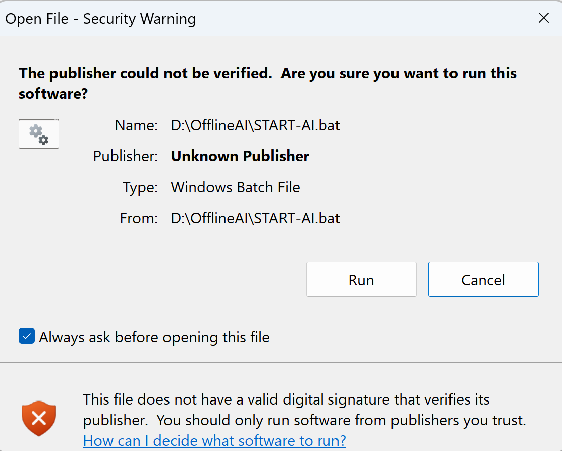 Windows Open File Security Warning dialog for START-AI.bat with Run and Cancel buttons.